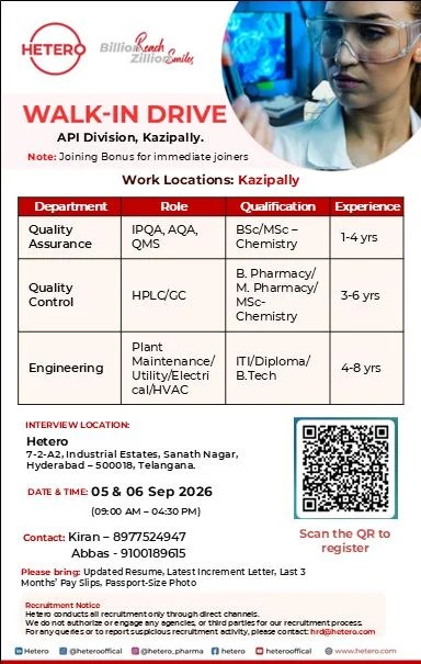 Hetero Labs is Hiring for QA, QC & Engineering
