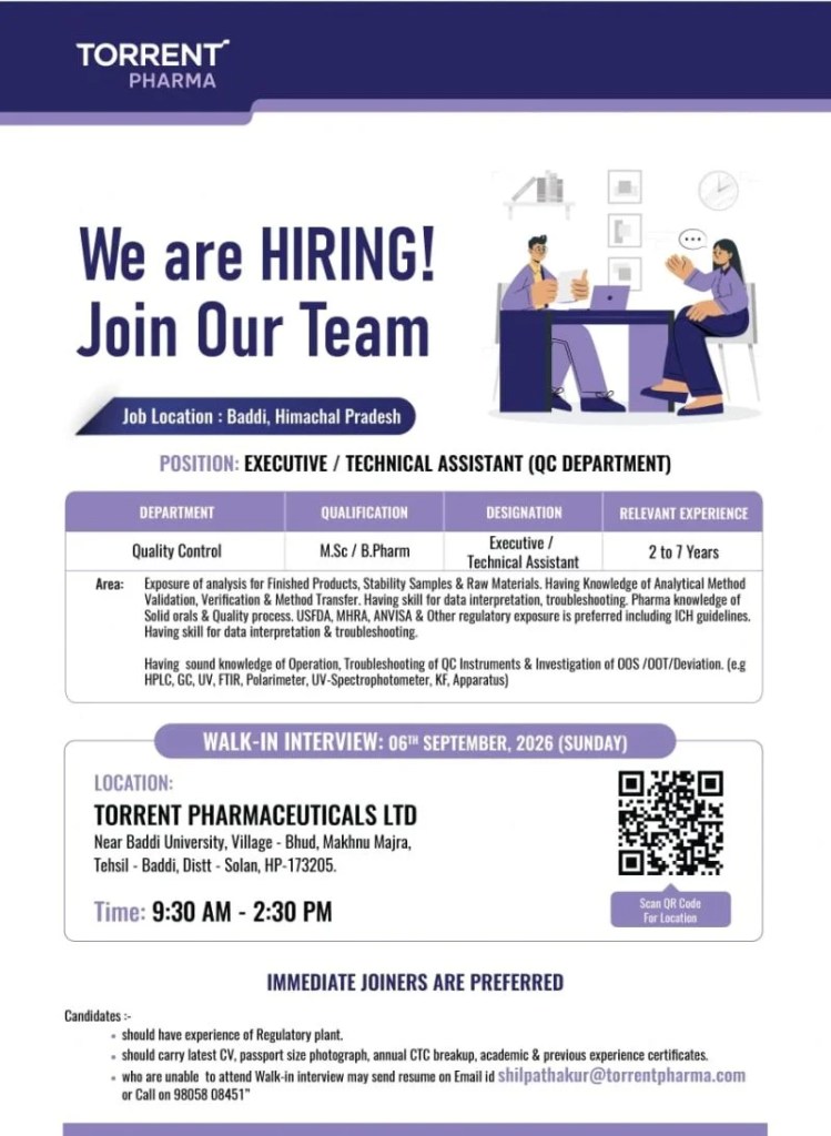 Torrent Pharmaceuticals is Hiring for Quality Control (QC)