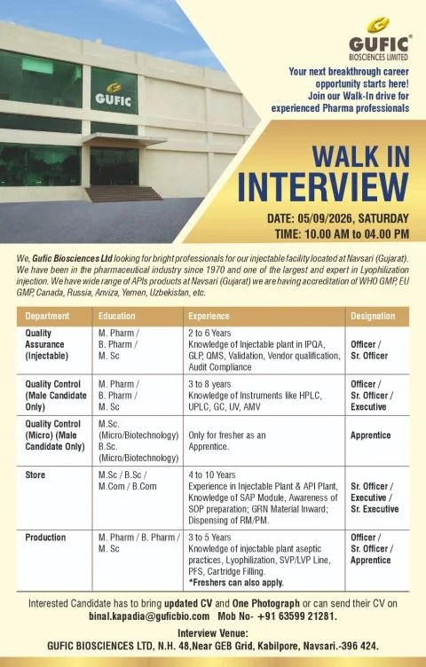 Gufic Biosciences is Hiring Freshers & Experienced for QA, QC, Microbiology, Store and Production