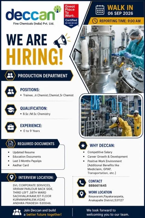 Deccan Fine Chemicals is Hiring Freshers & Experienced for Production Department