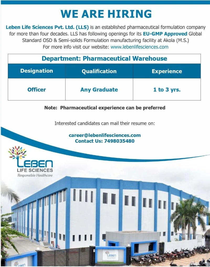 Leben Life Sciences is Hiring for Officer - Pharmaceutical Warehouse