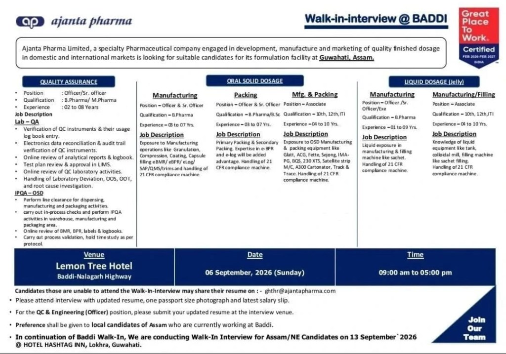 Ajanta Pharma is Hiring for QA, Manufacturing, Packing & Liquid Dosage