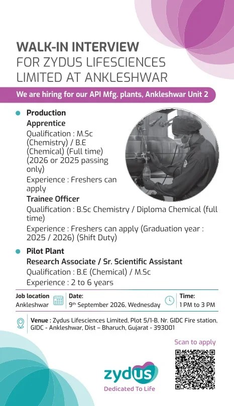 Zydus Lifesciences is Hiring FRESHERS for Production Apprentice