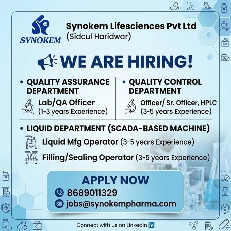 Synokem Lifesciences is Hiring for QA, QC and Liquid Department