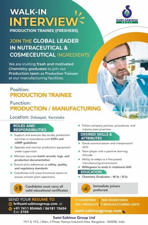 Sami-Sabinsa is Hiring FRESHERS for Production Trainee