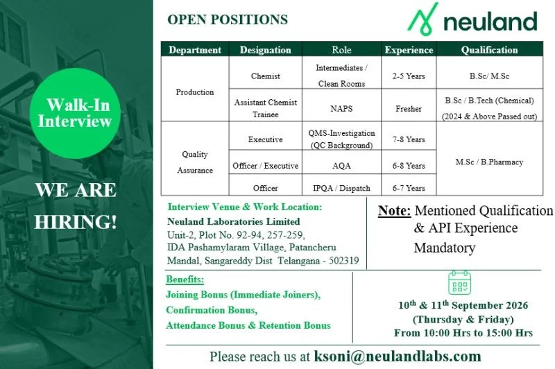 Neuland Laboratories is Hiring for FRESHERS & EXPERIENCED Production and Quality Assurance