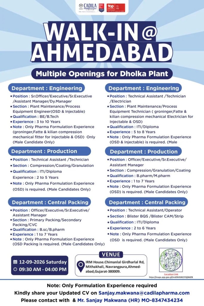 Cadila Pharmaceuticals is Hiring for Engineering, Production and Central Packing