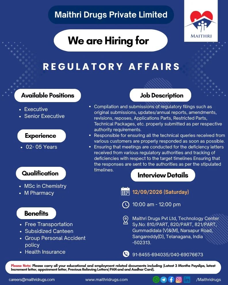 Maithri Drugs Walk-in Interview for Regulatory Affairs Job