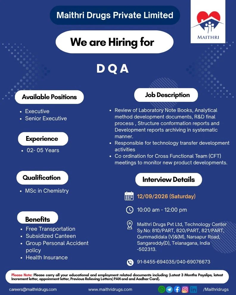 Maithri Drugs DQA Executive Walk-In Interview