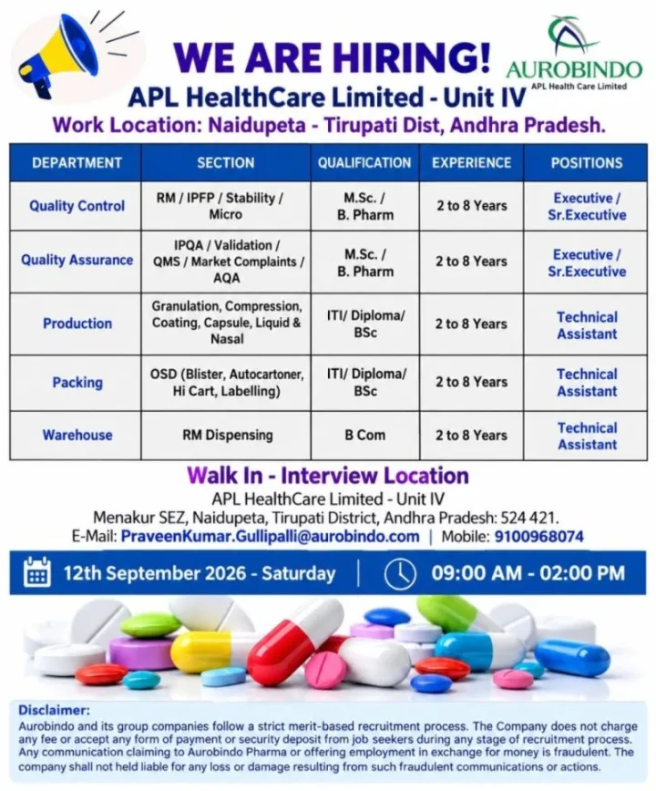 APL HealthCare is Hiring for QC, QA, Production, Packing and Warehouse Roles