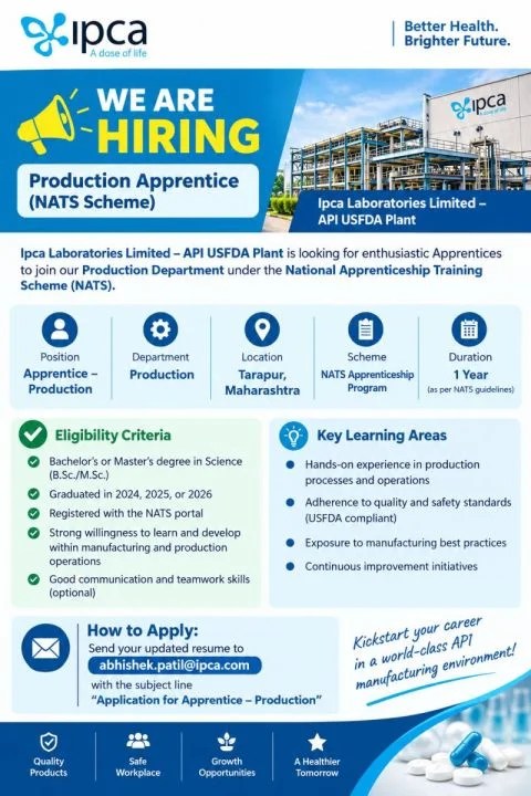 Ipca Laboratories is Hiring FRESHERS for Production - Apprentice