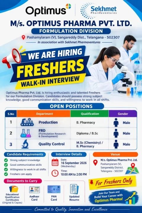 Optimus Pharma is Hiring FRESHERS for Production, FRD, Quality Control