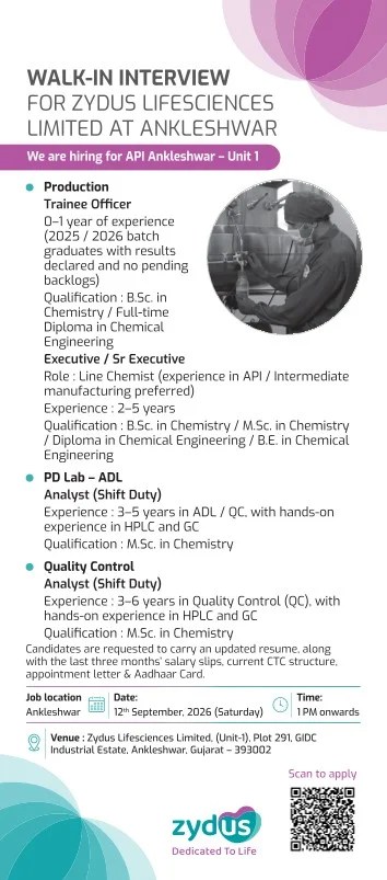 Zydus Lifesciences Freshers & Experienced is Hiring for Production, PD Lab ADL and Quality Control Roles