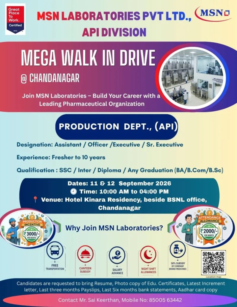 MSN Laboratories is Hiring Freshers & Experience for Production Dept API Job