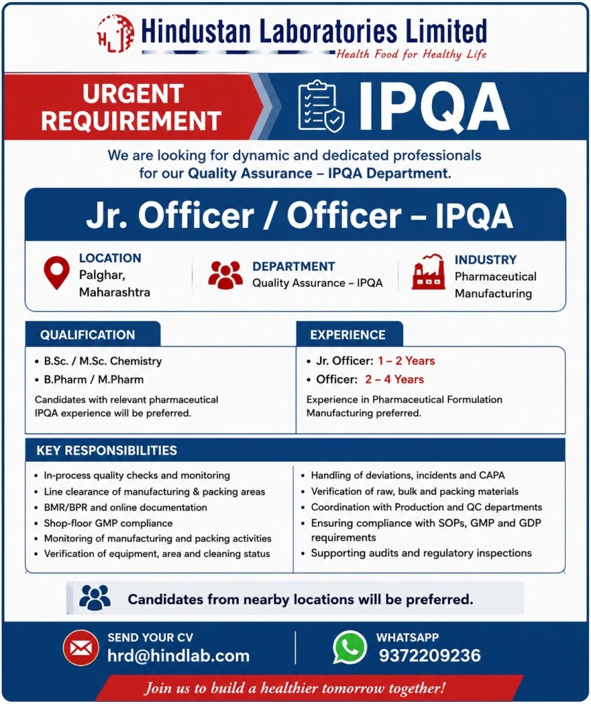 Hindustan Laboratories is Hiring for Jr. Officer / Officer &ndash; IPQA