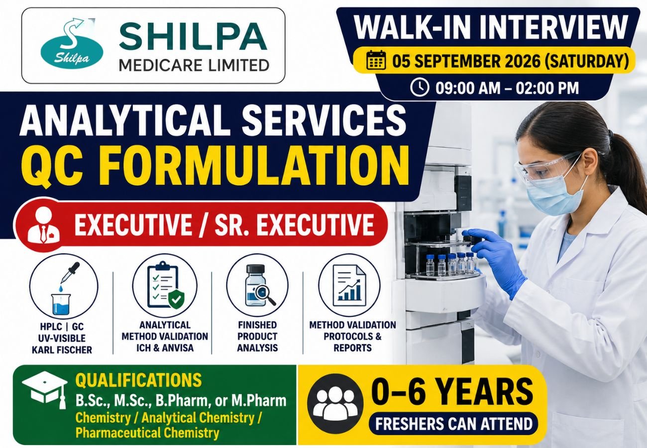 Shilpa Medicare is Hiring FRESHERS for Analytical Services &ndash; QC Formulation