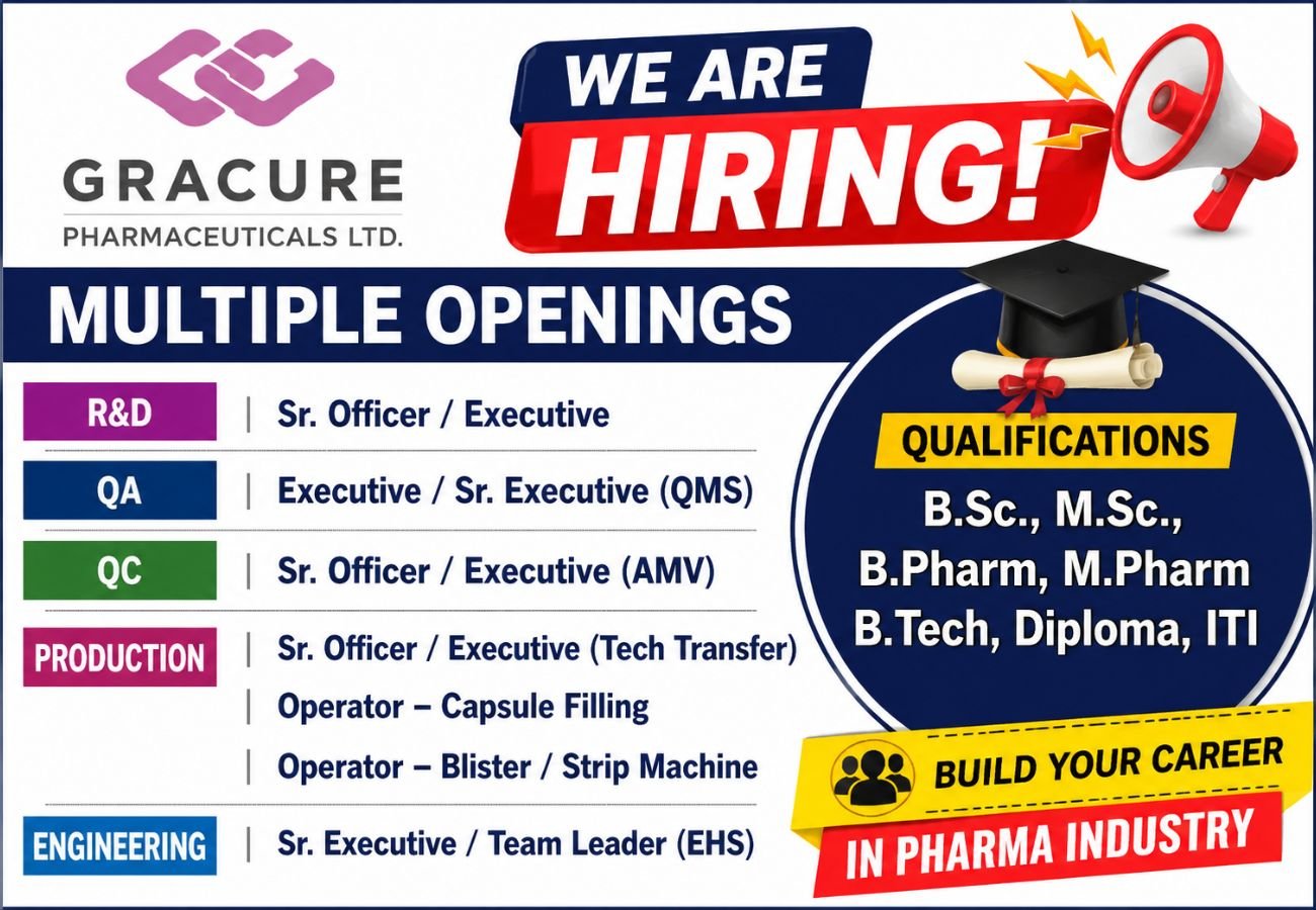 Gracure Pharmaceuticals Hiring for QA, QC, Production and Engineering