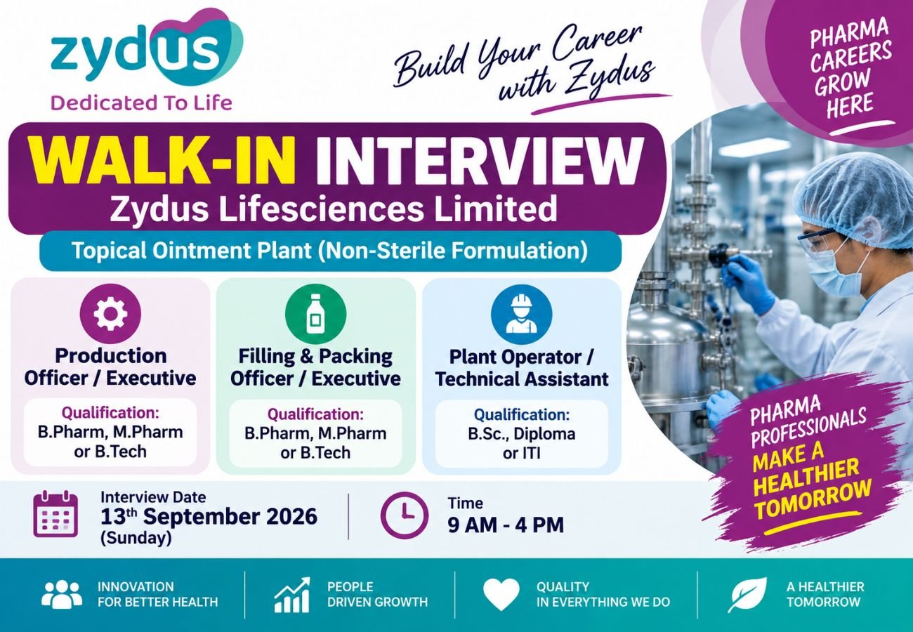 Zydus Lifesciences is Hiring for Production, Filling & Packing and Plant Operator