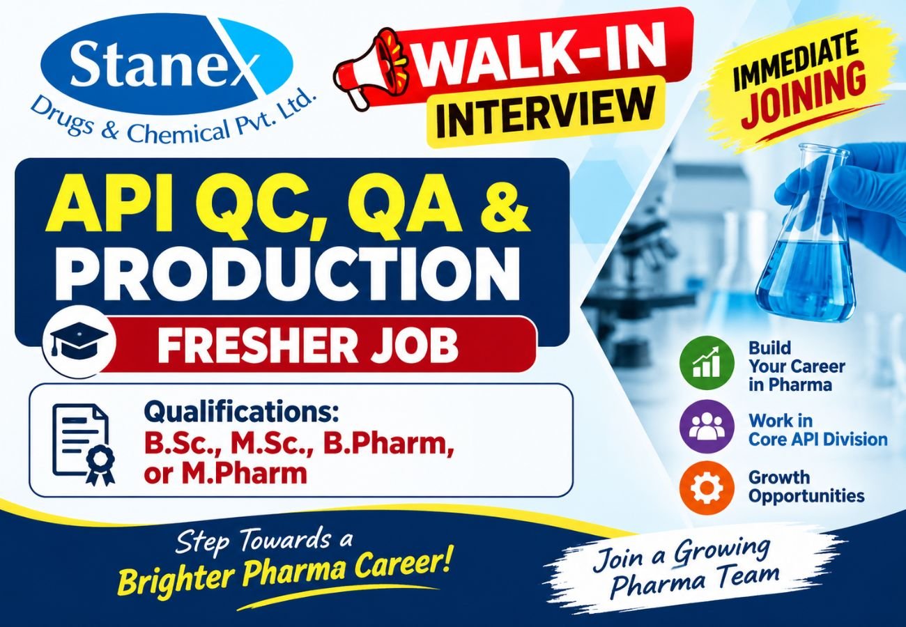 Stanex Drugs and Chemicals is Hiring FRESHERS for API QC, QA & Production