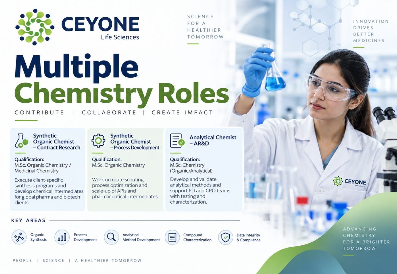 Ceyone Life Science hiring for Contract Research (CRO), Process Development, and Analytical Research & Development (AR&D) Teams