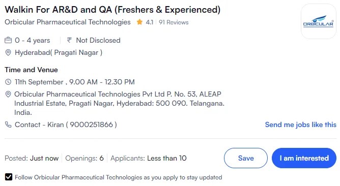 Orbicular Pharmaceutical Hiring Freshers & Experienced For R&D & QA