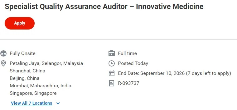 Johnson & Johnson Hiring for Quality Assurance Auditor in Pharmacovigilance