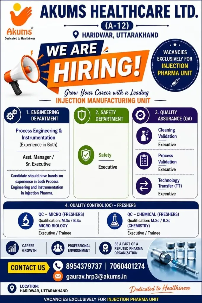 Akums Healthcare Hiring FRESHERS for Engineering, Safety, QA and QC Roles